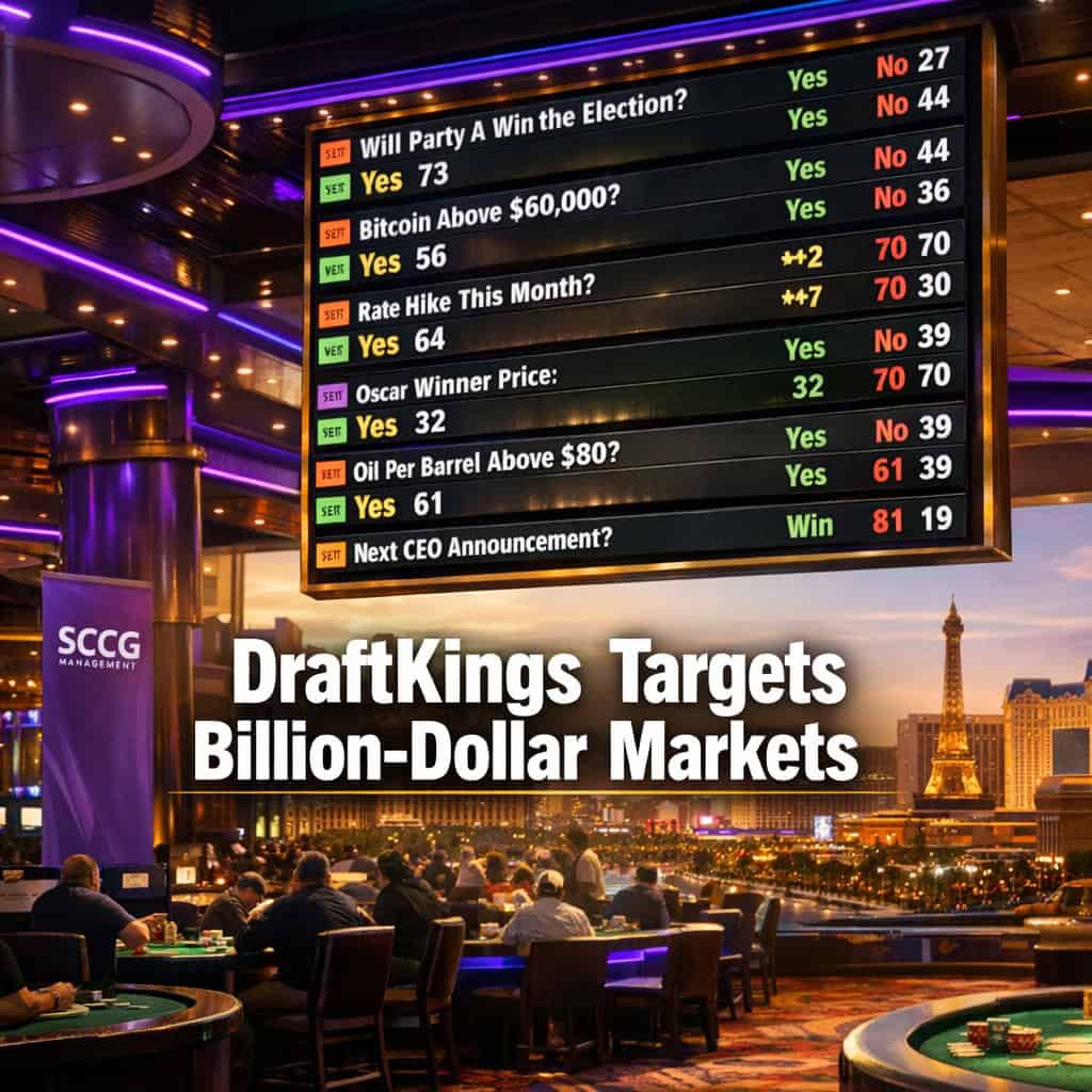 A large illuminated sportsbook odds board displays live prediction market event contracts above a busy casino floor in bright daylight.