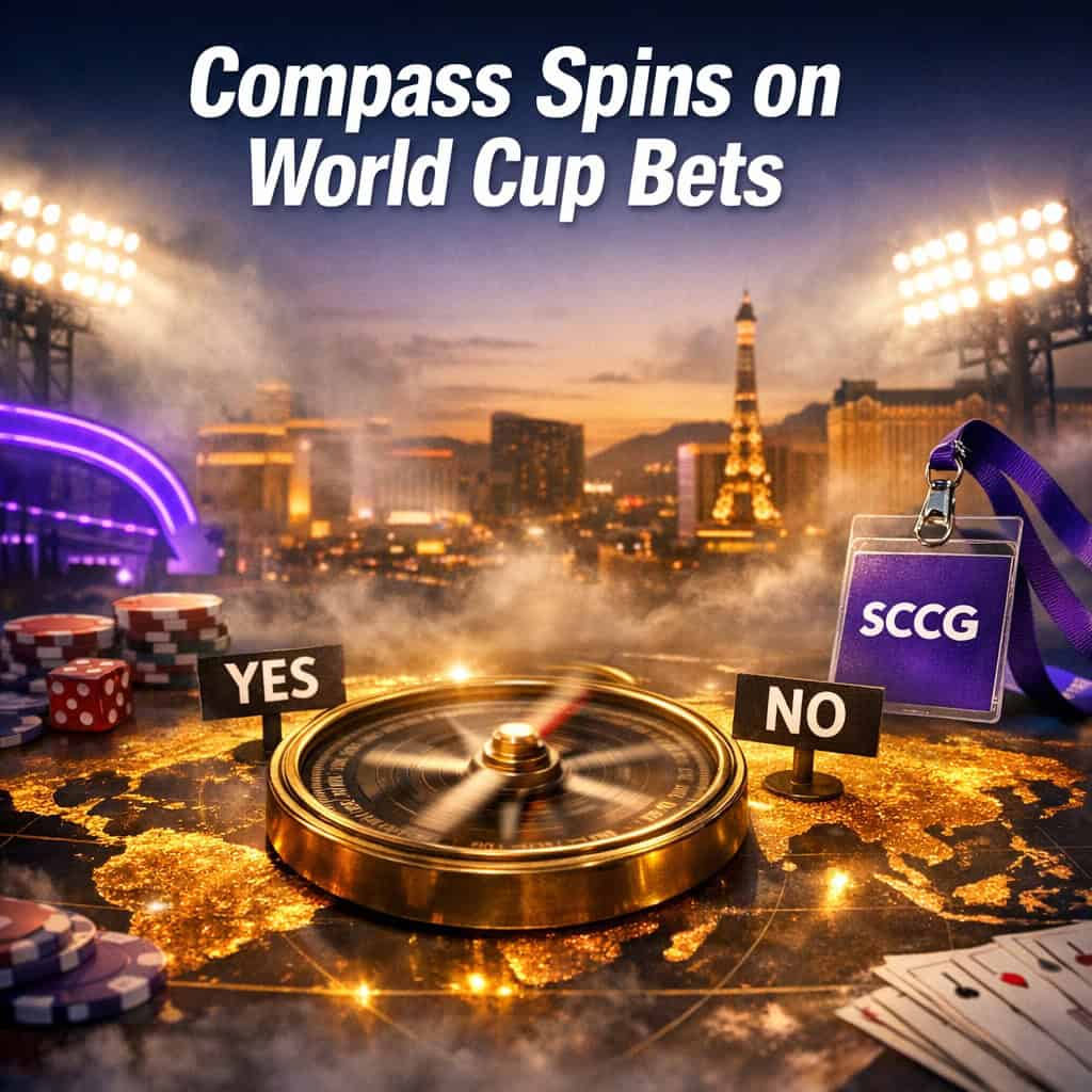 A compass needle spins rapidly between YES and NO markers atop a glowing world map under stadium floodlights piercing evening fog.