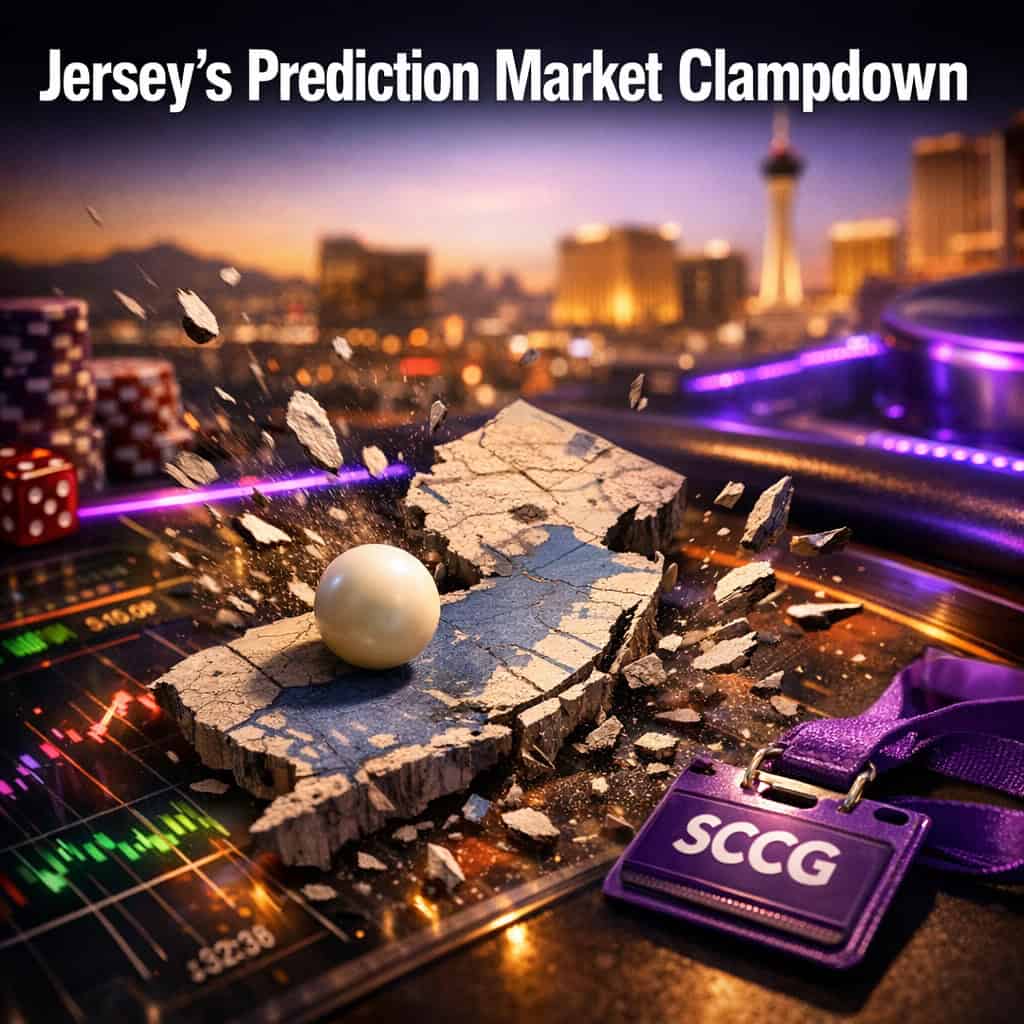 A torn New Jersey map overlaid on a glowing prediction market interface with a roulette ball scattering fragments in mid-air.