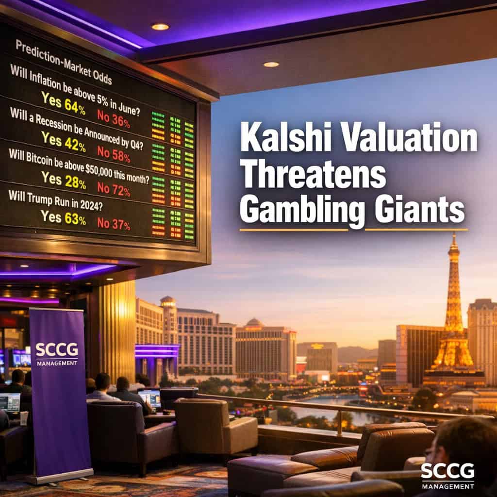 A large glowing sportsbook odds board on a busy casino floor displays surging prediction market lines under bright directional light.
