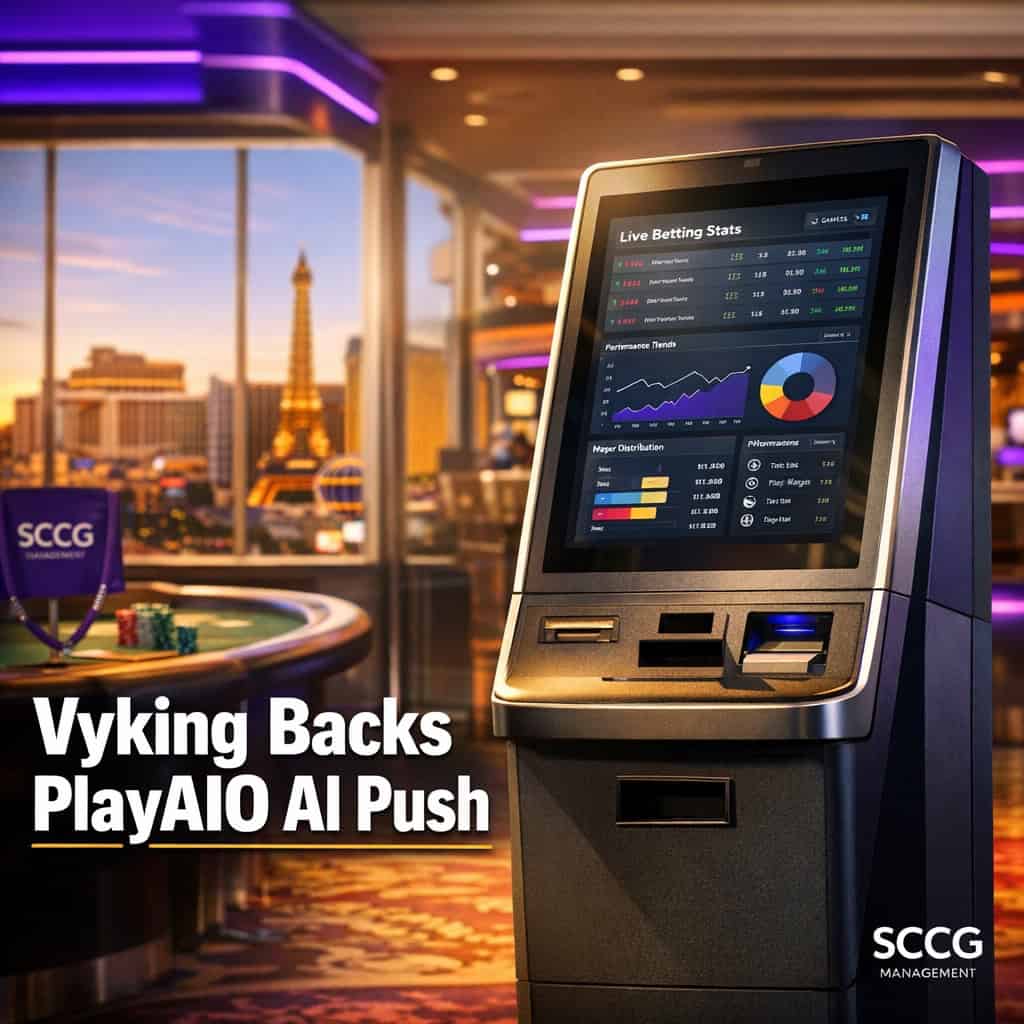 Self-service betting terminal displaying a live data analytics dashboard on a bright casino floor.