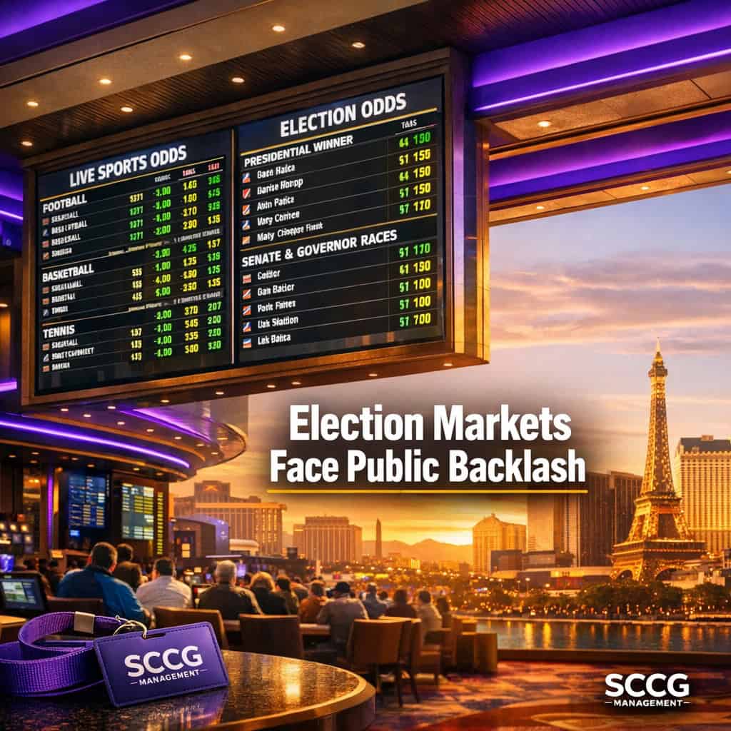 Brightly lit sportsbook odds board displaying sports and election betting lines above a busy casino floor.