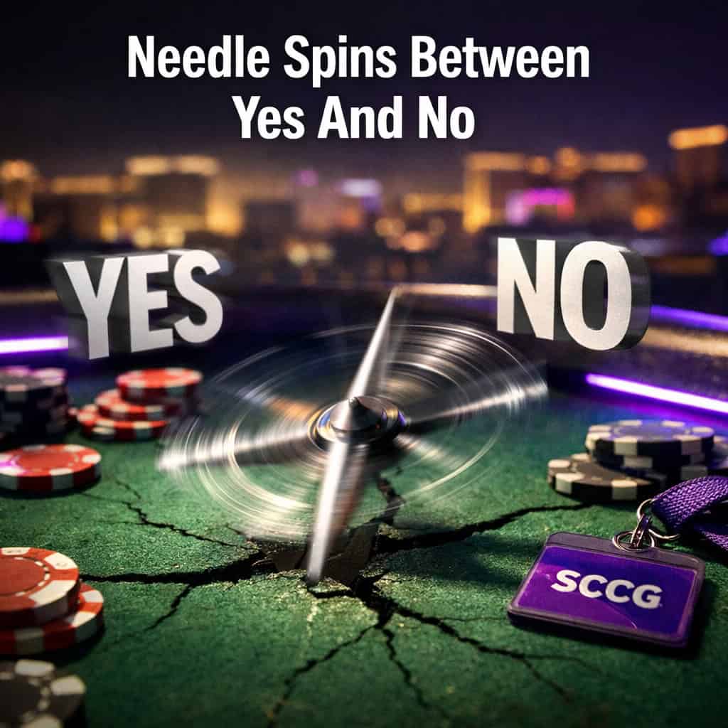 A glowing digital compass needle spins wildly between bold YES and NO markers above a fractured betting table scattered with chips.