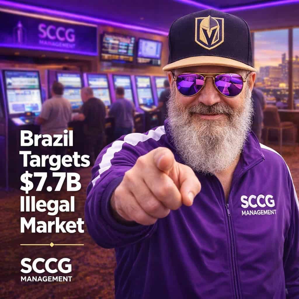 A confident man in a purple SCCG track jacket points forward at a busy Brazilian sportsbook counter under bright daylight.
