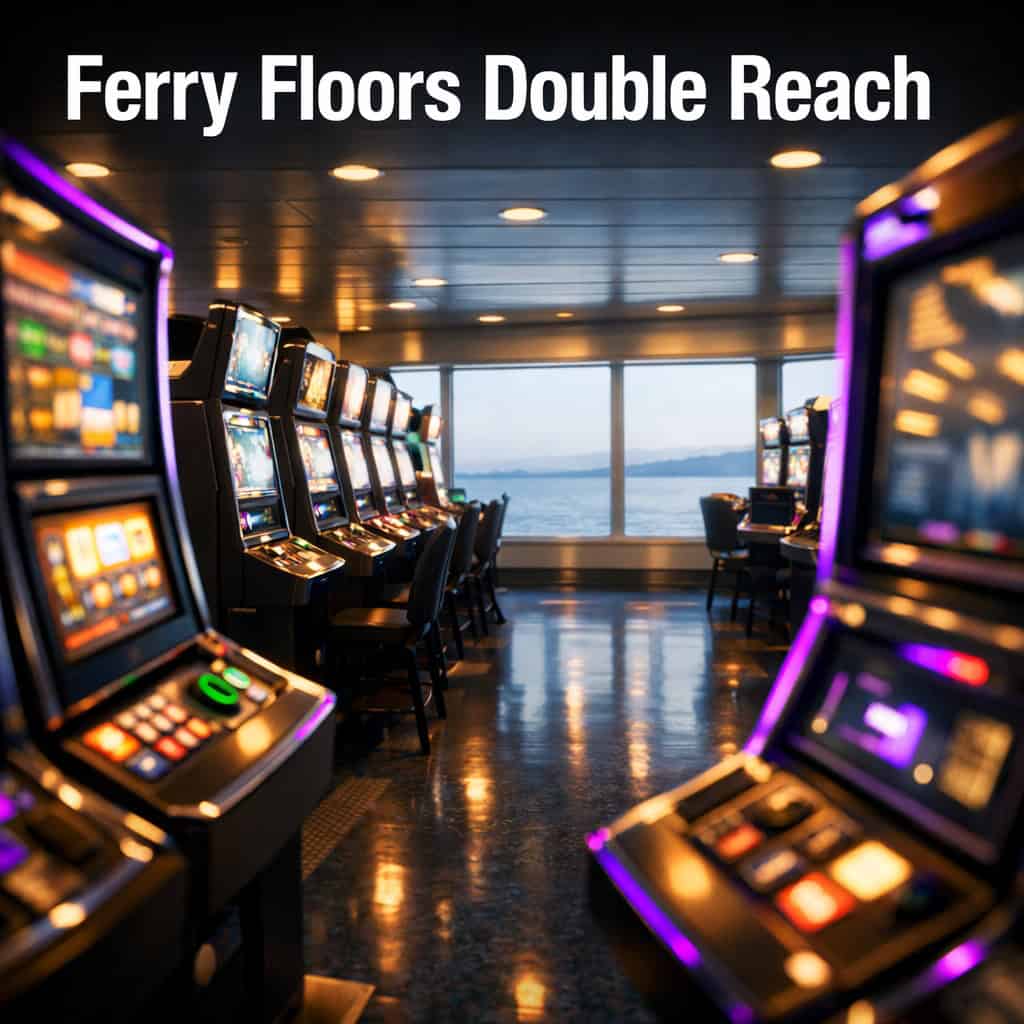 Empty ferry gaming floor with rows of illuminated slot machines and arcade games under soft ceiling lights, Baltic Sea route setting.