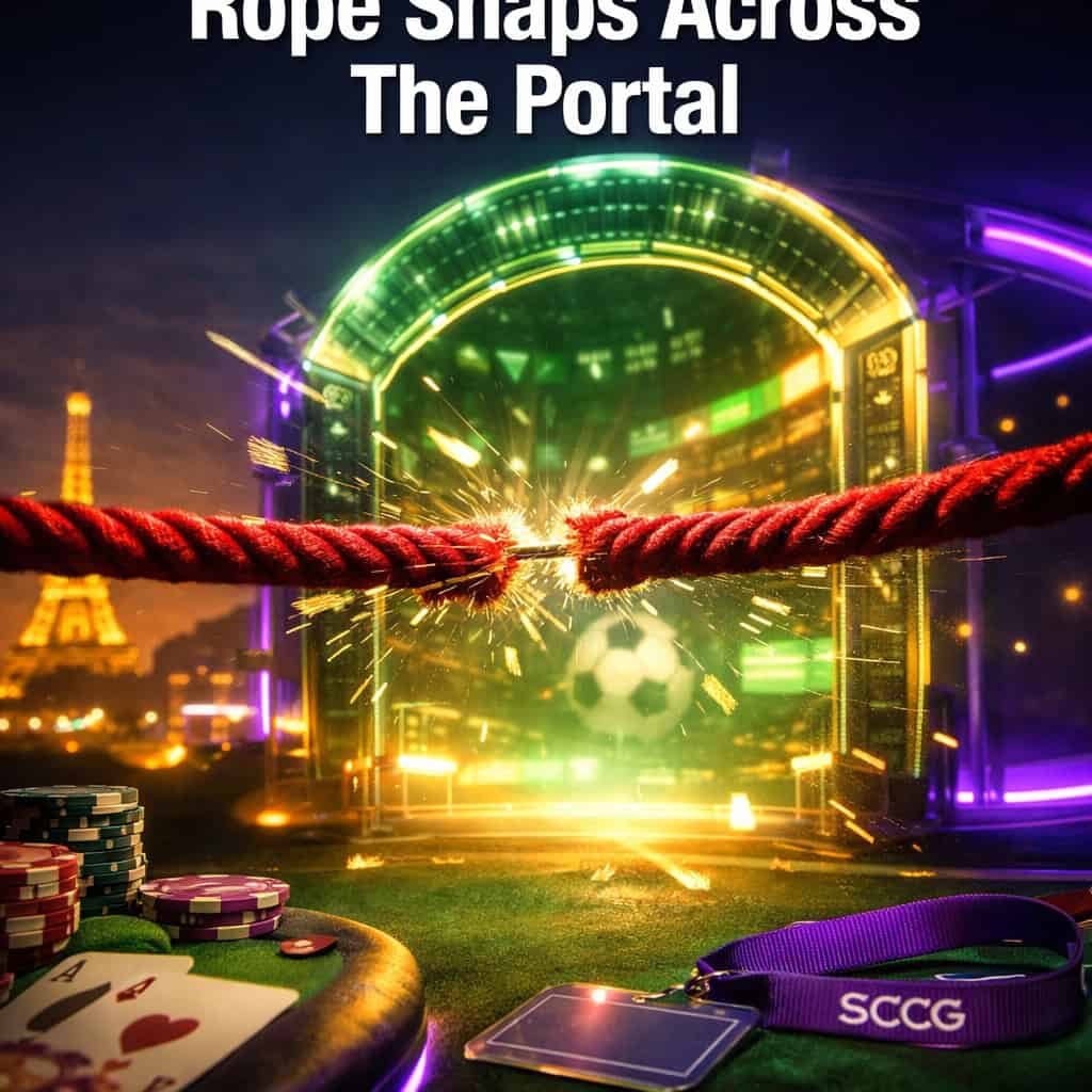 A velvet rope snapping taut across a glowing digital betting portal during the World Cup.