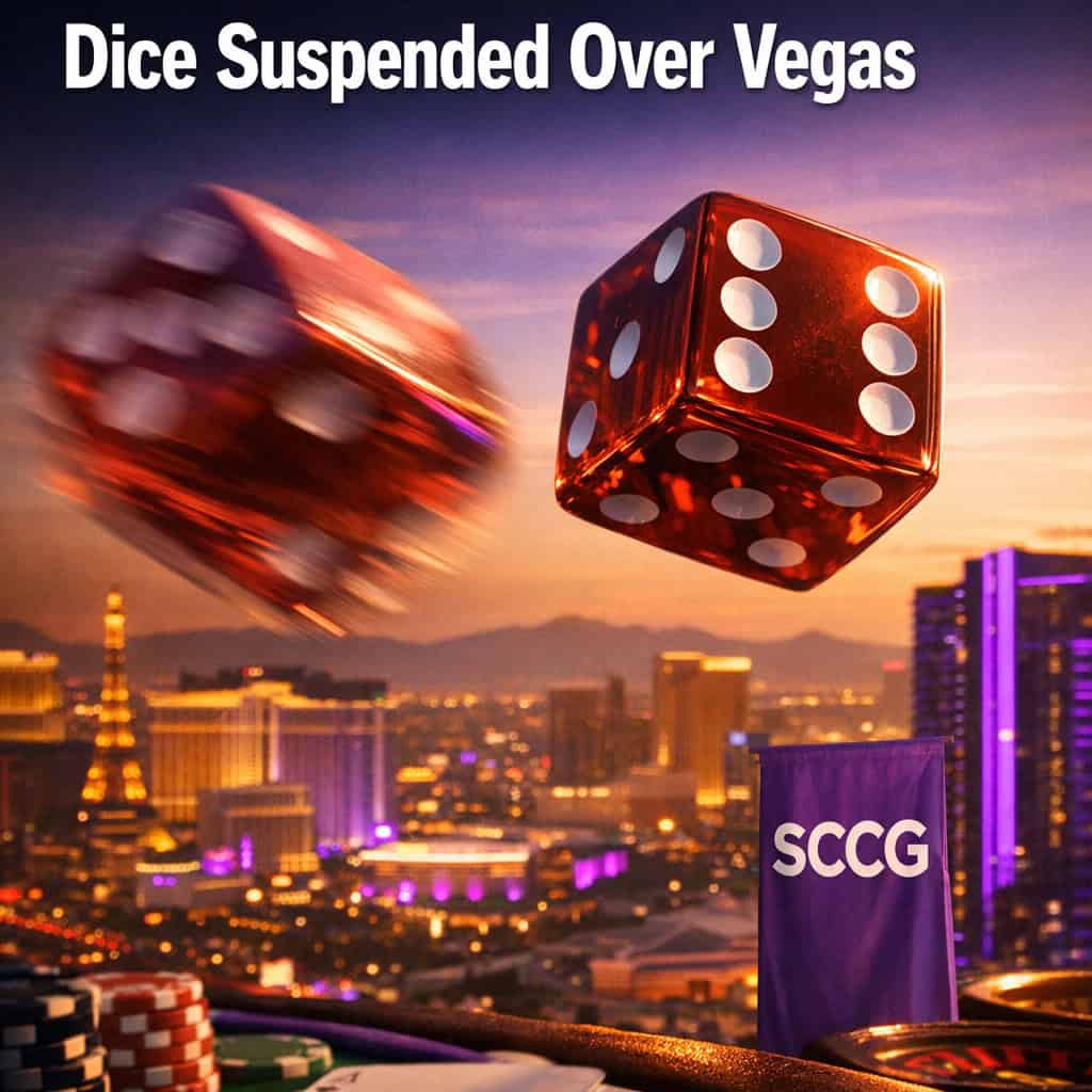 Two glowing dice suspended above the Las Vegas Strip at dusk, one tumbling toward impact while the other hovers in mid-air.