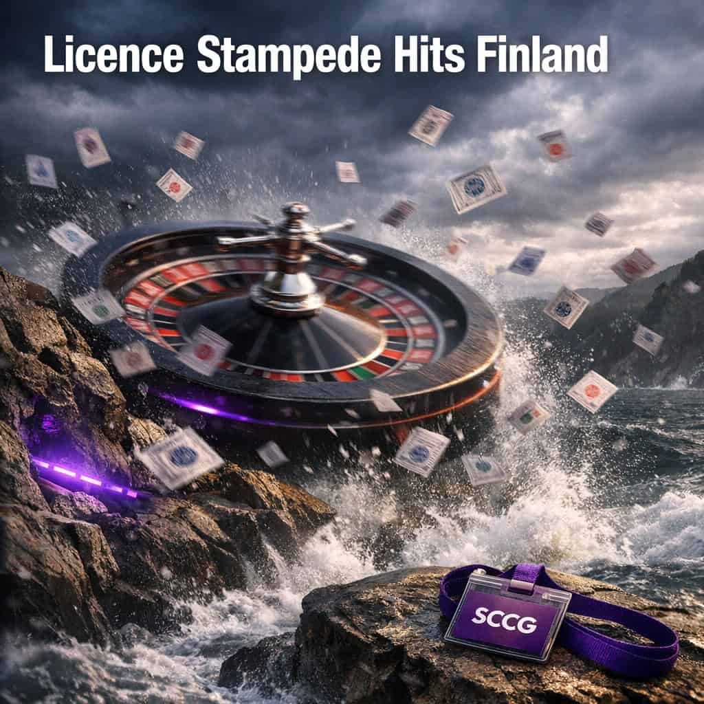 A roulette wheel spins violently on a Nordic fjord edge as license stamps rain down like hailstones under stormy skies.