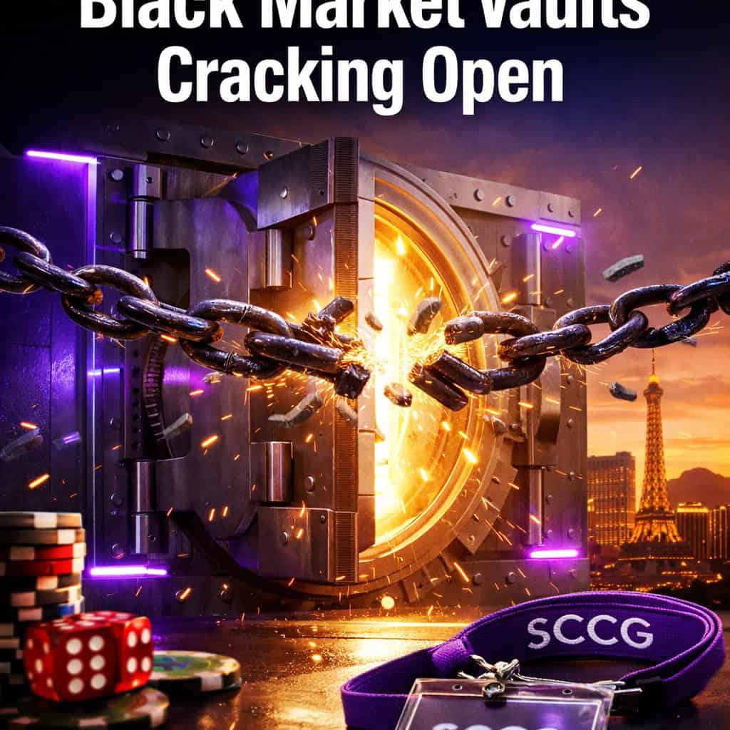 A glowing digital vault door cracking open as a heavy steel chain snaps and falls away under dramatic lighting.