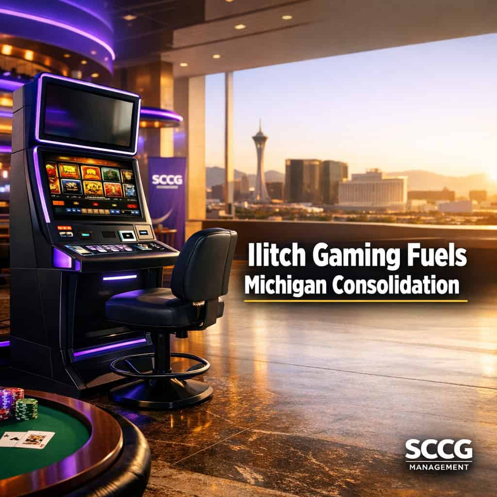 Sleek new gaming terminal hero-lit on a bright casino concourse under strong daylight.