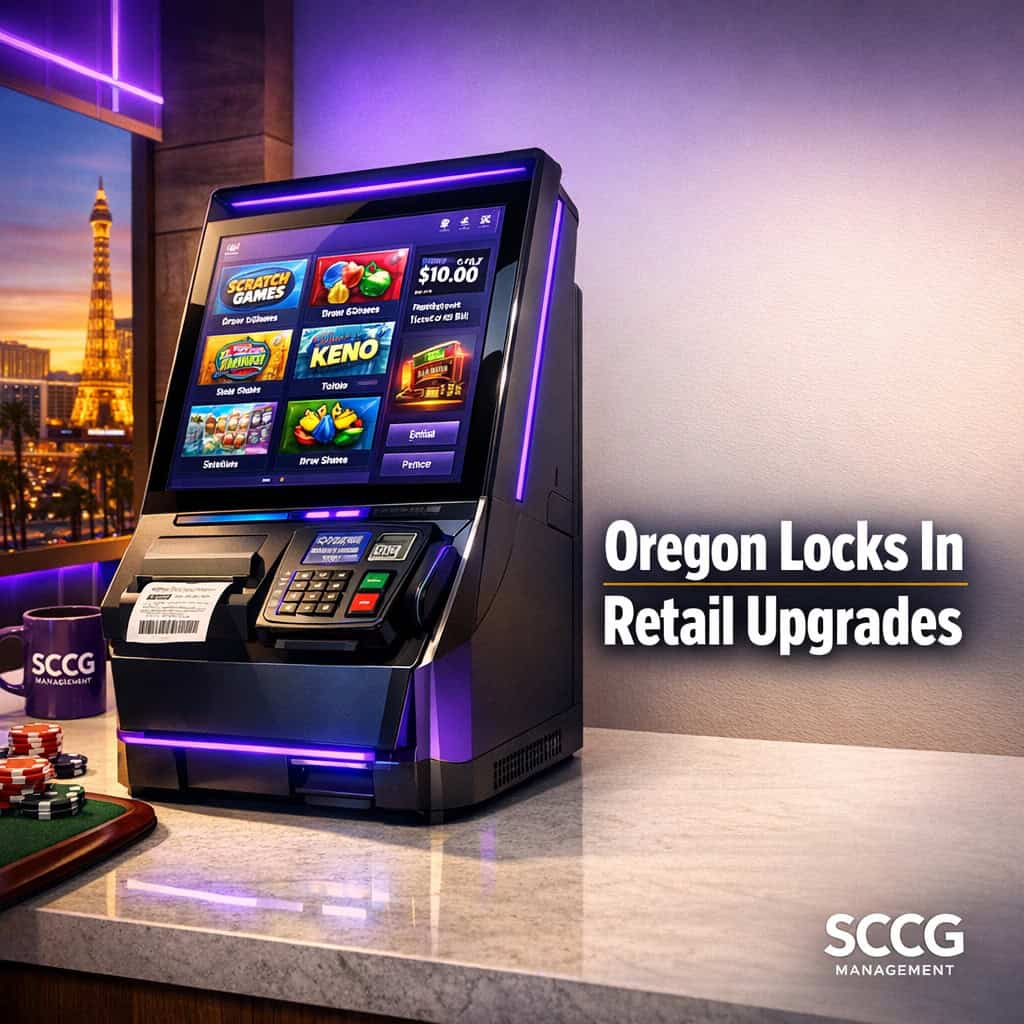 Modern lottery retail terminal displaying active game options under bright studio lighting.