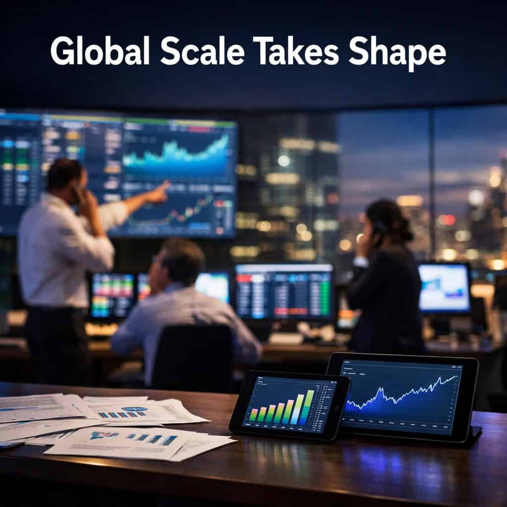 Modern trading floor with multiple lit screens and active operators during earnings activity.