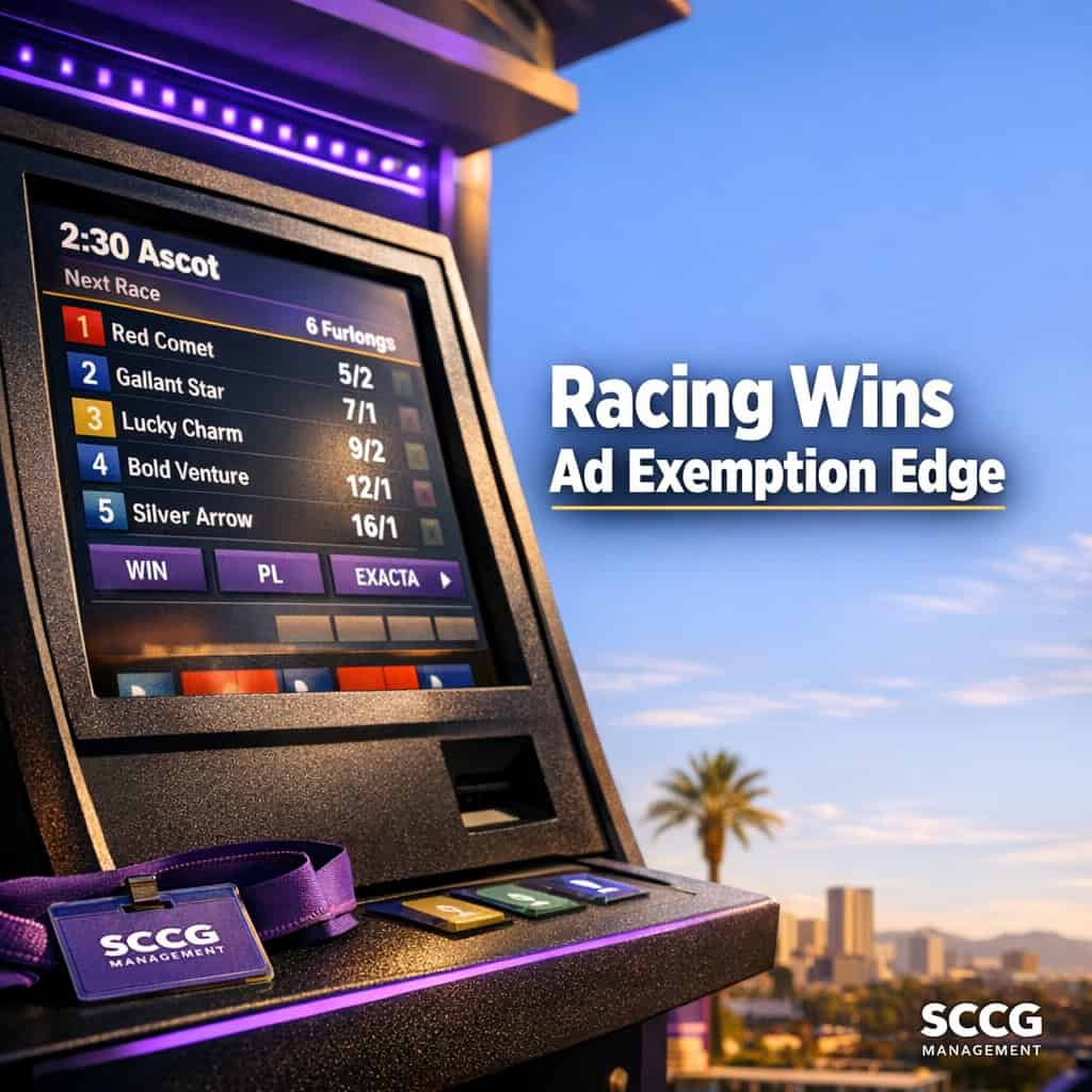 UK racecourse betting terminal screen showing live horse-racing odds under clear daylight.