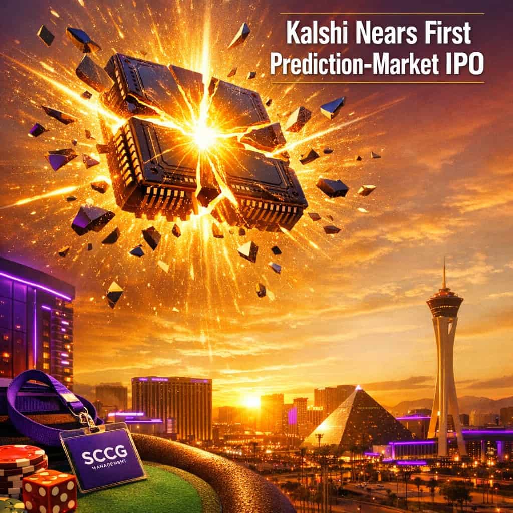 A fractured glowing chip hovers above a sunlit city skyline with radiant light bursting from the break.