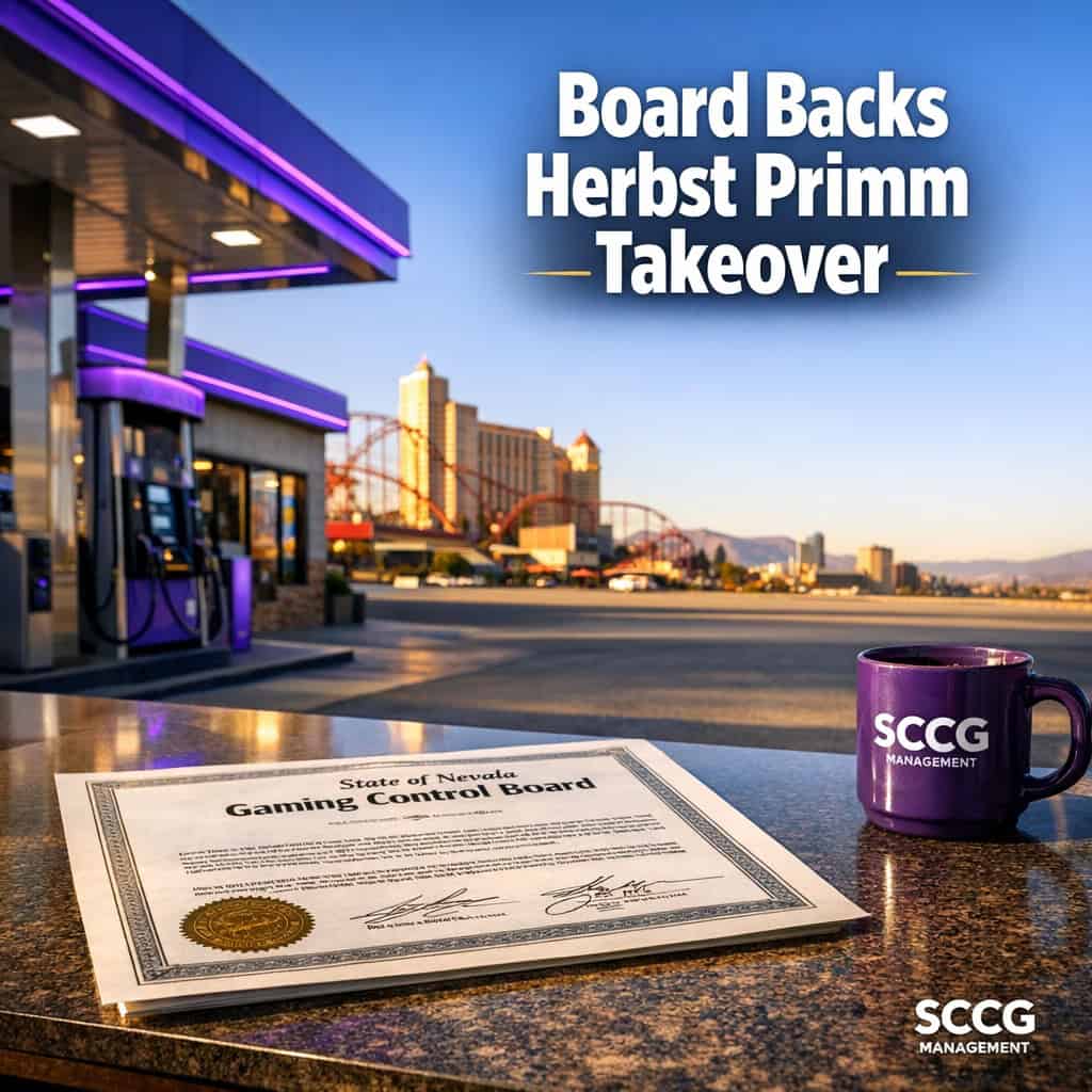 Nevada Gaming Control Board license certificate rests on a service-station counter at the Primm border resort under bright daylight.