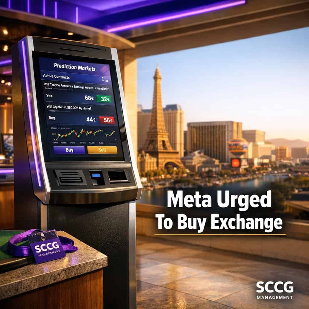 A self-service betting terminal displays an active prediction market interface on its glowing screen under bright daylight.