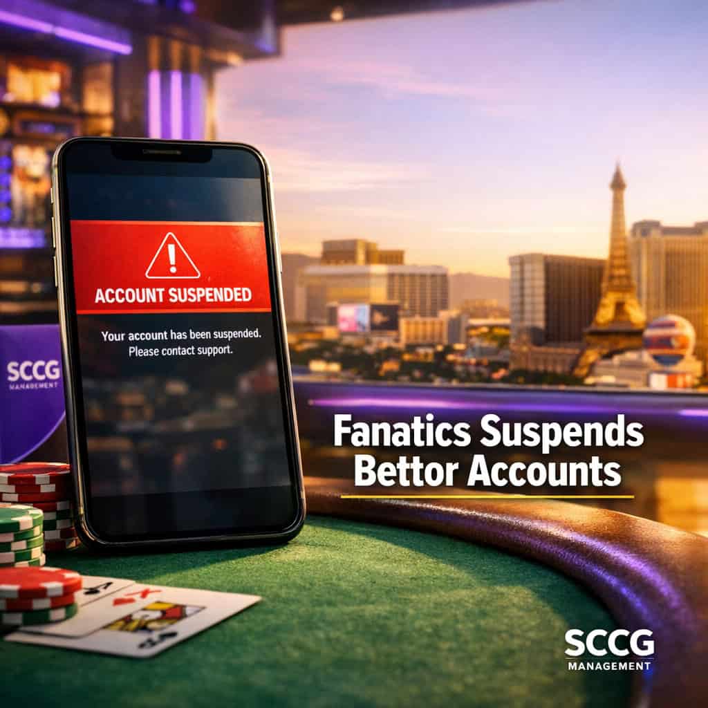 Smartphone displaying a suspended betting account notice on a bright casino floor under strong daylight.