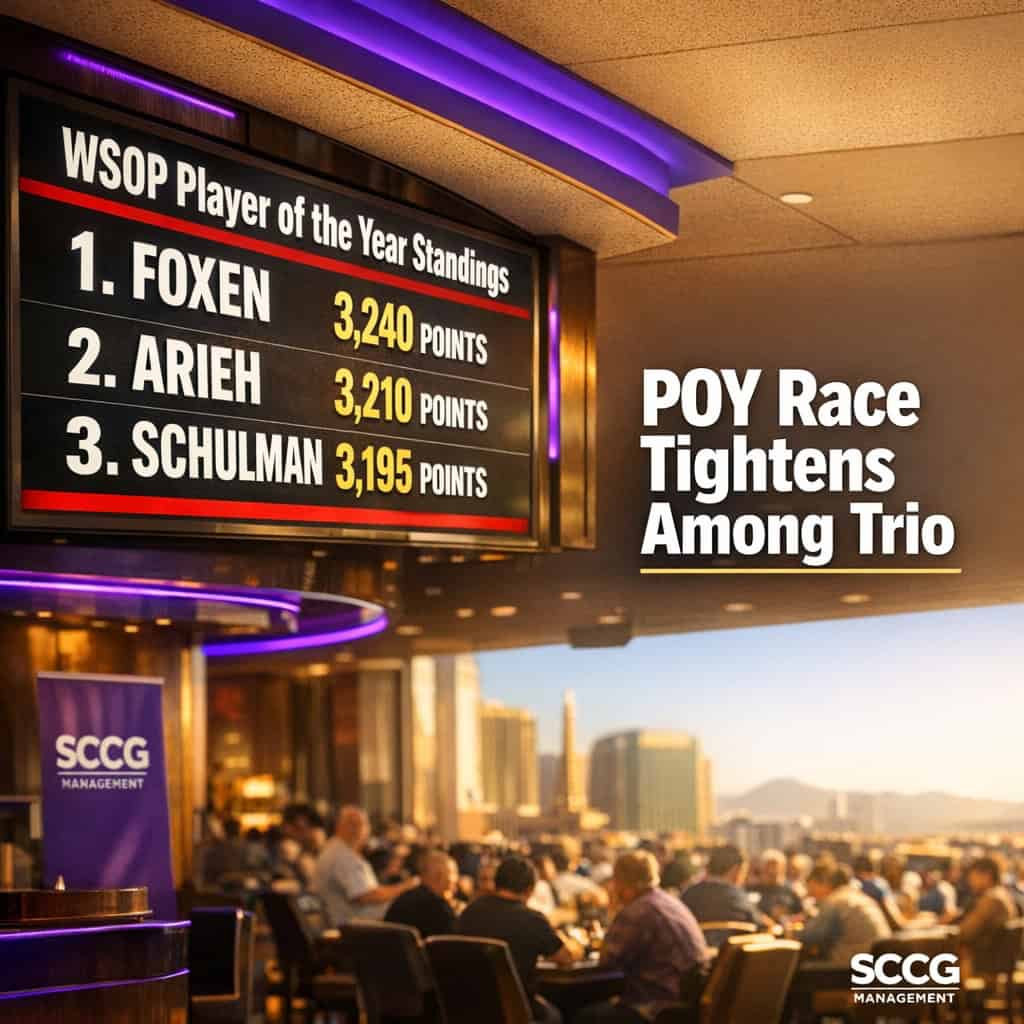 Large glowing sportsbook odds board on a bright casino floor showing tight WSOP Player of the Year standings for Foxen, Arieh, and Schulman.