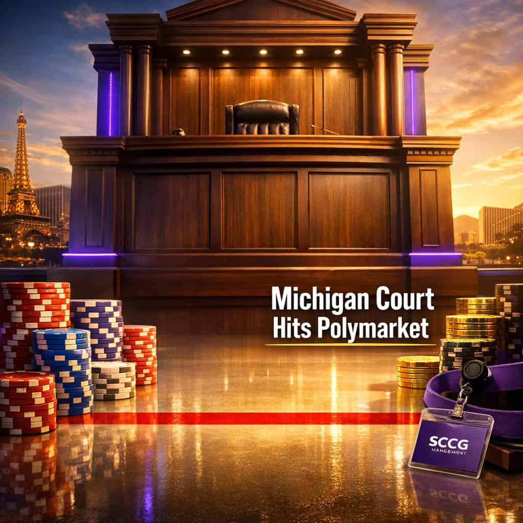 A towering judge's bench looms over stacks of chips as a bold red line cuts across the sunlit casino floor.