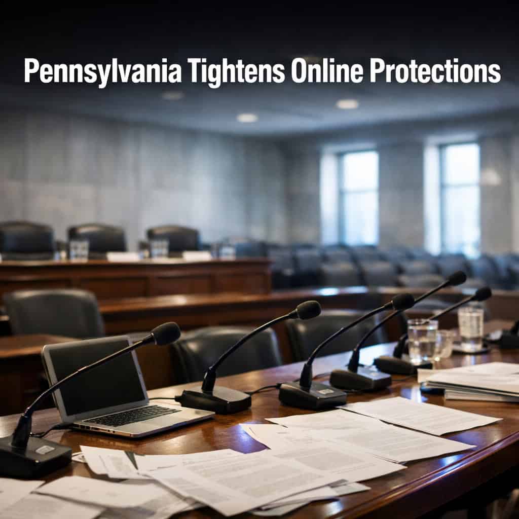 Pennsylvania legislative hearing room with documents and microphones on the table during a regulatory session on online gambling protections.