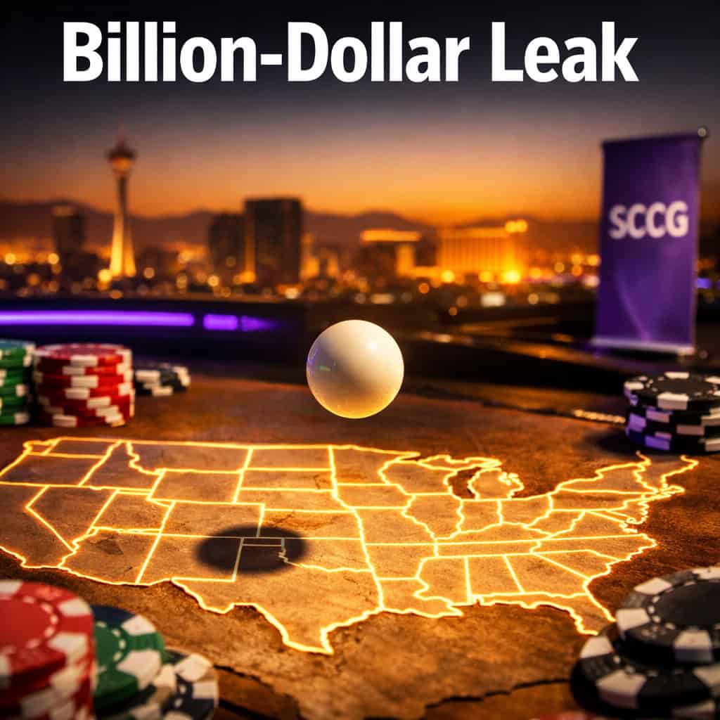 A roulette ball frozen in mid-flight across a vast map of the United States with glowing state borders and scattered casino chips.