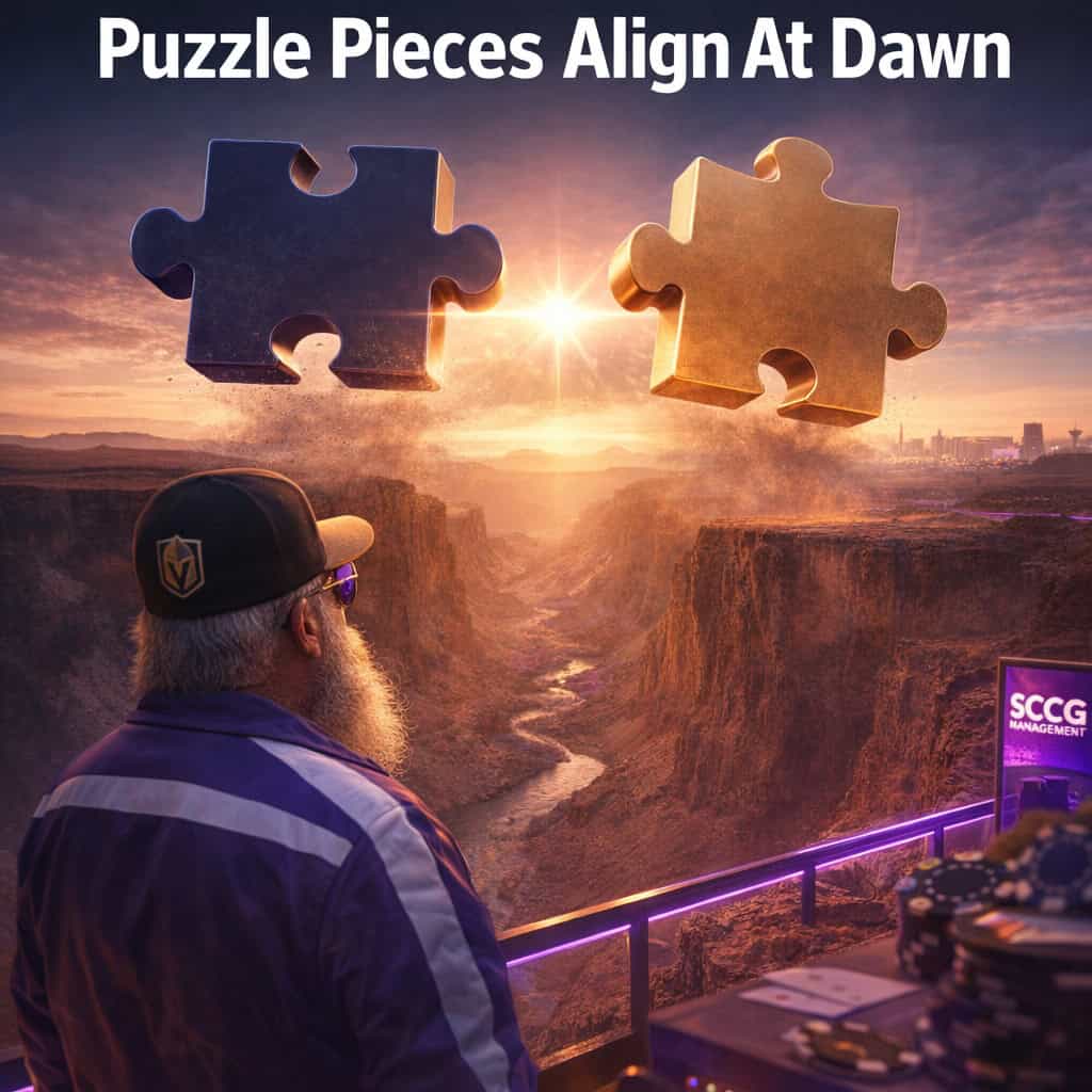 A casino executive watches two massive puzzle pieces lock together above a canyon at dawn.