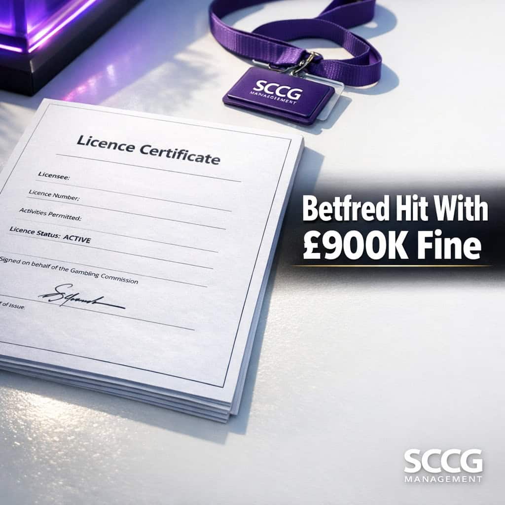 A UK Gambling Commission licence certificate displayed on a bright surface under strong daylight.