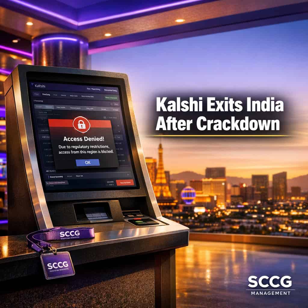 Self-service betting terminal on a bright casino concourse displaying a Kalshi access-blocked message.