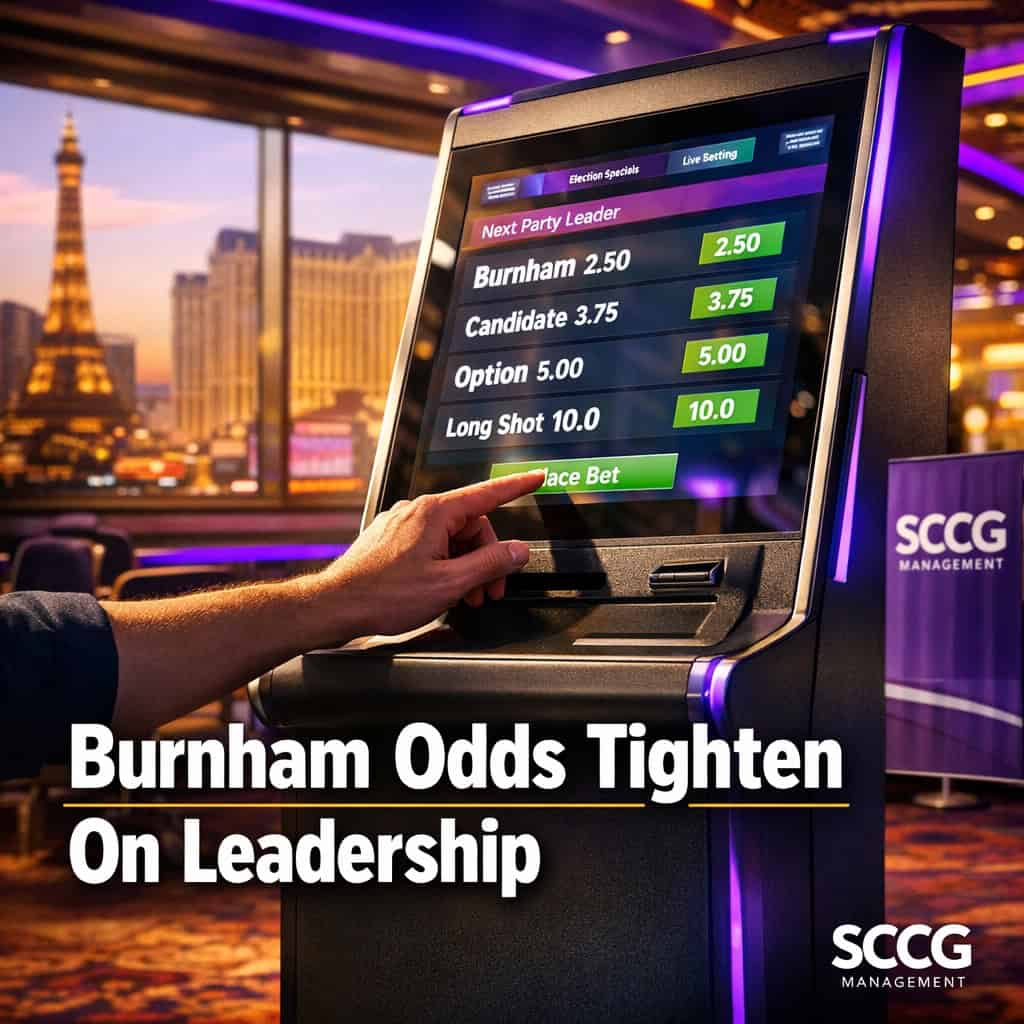 A hand places a bet on a glowing self-service terminal displaying live political leadership odds inside a brightly lit casino floor.