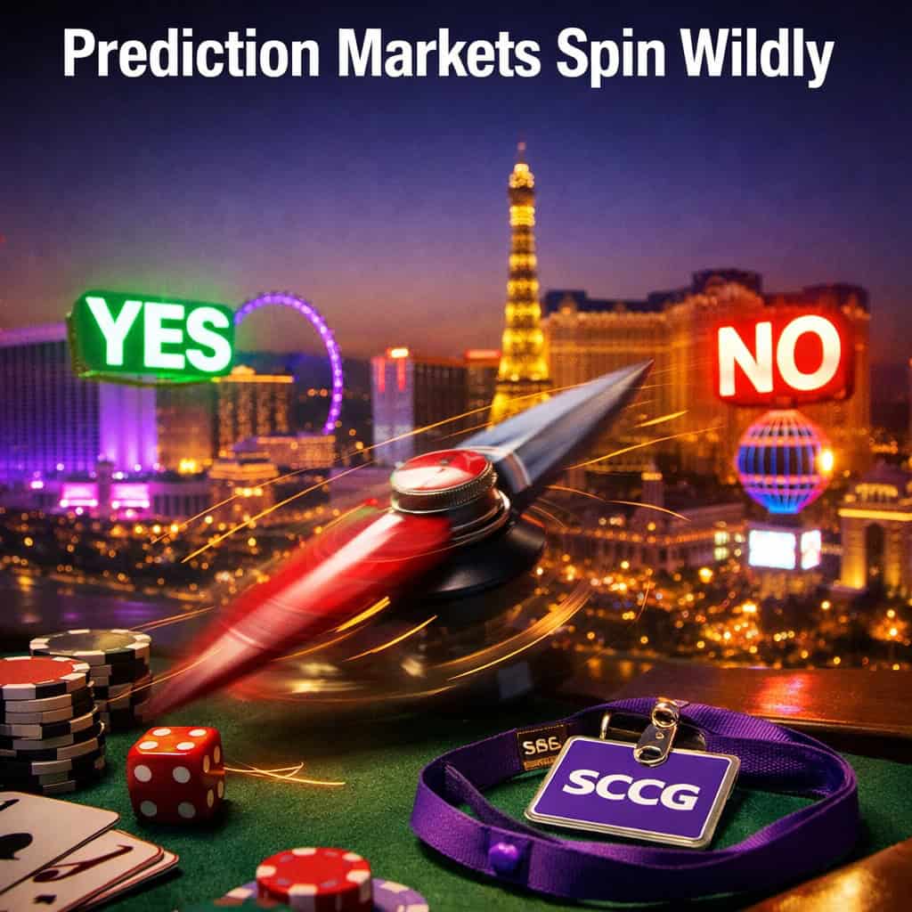 A glowing compass needle spins violently between YES and NO markers suspended above a blurred city skyline at twilight.