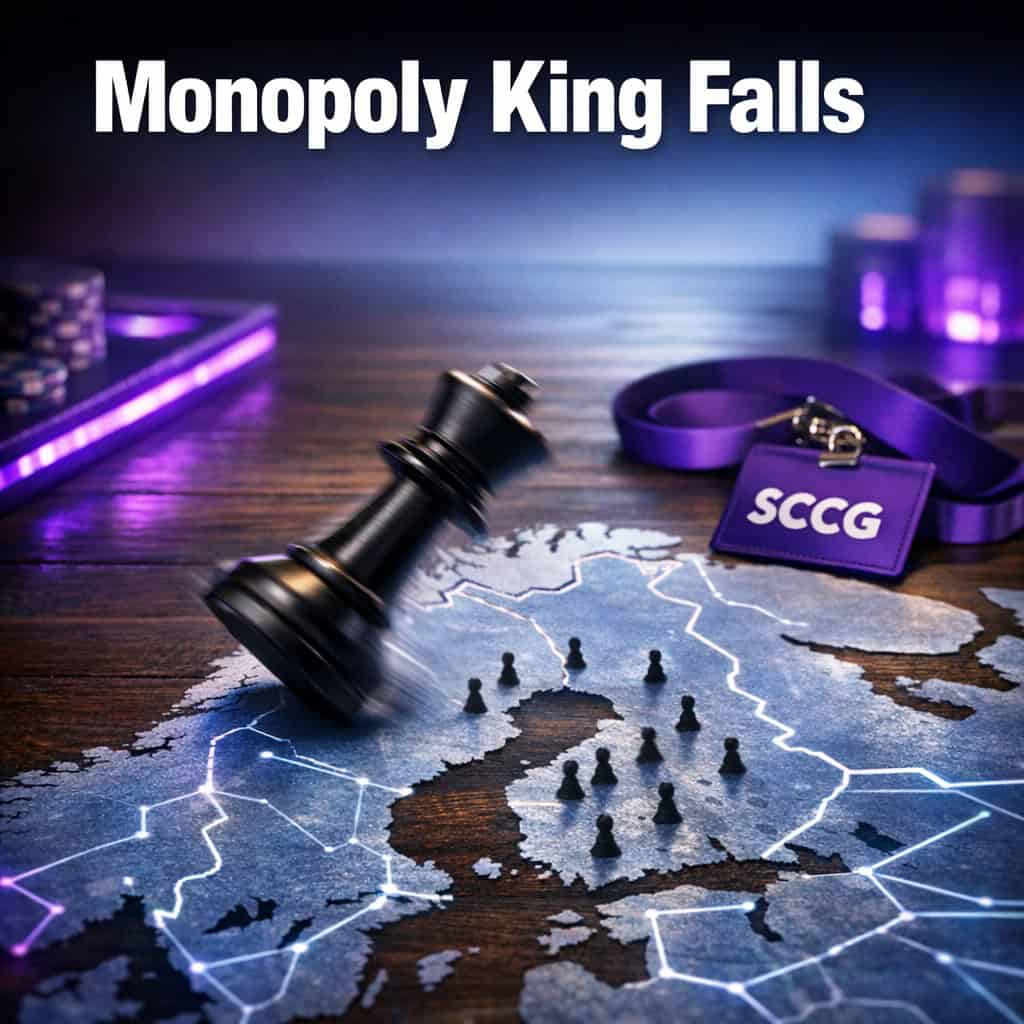 A single chess piece toppling on a Nordic map as unseen forces shift the board.