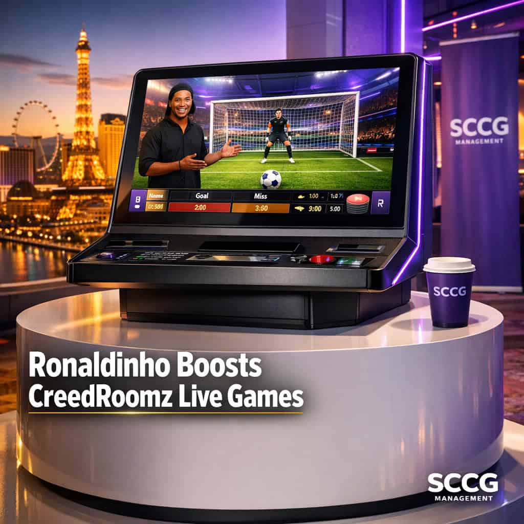 A live casino gaming terminal displays a football-themed dealer interface featuring penalty kick graphics under bright studio lighting.