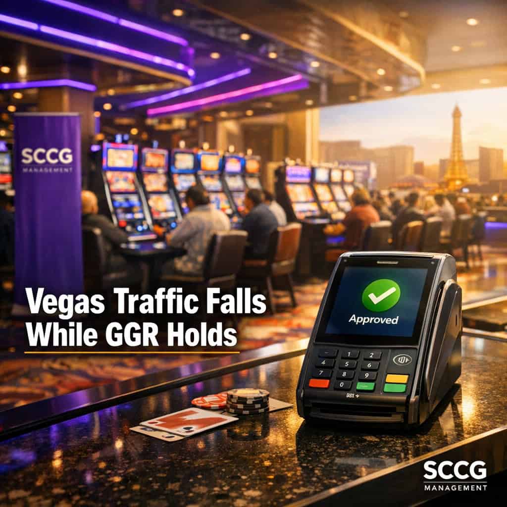 Payment terminal on a busy Las Vegas casino floor shows an approved transaction while slot machines glow in the background.