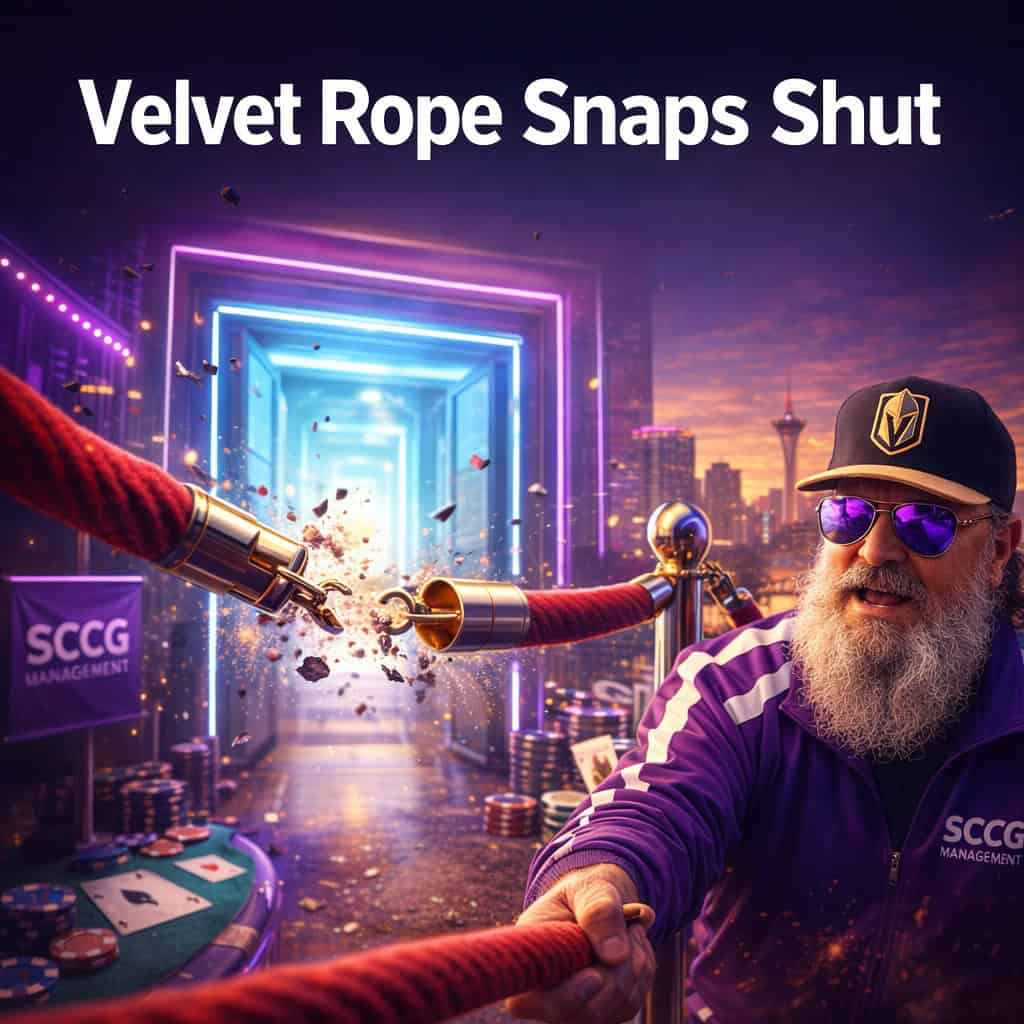 A velvet rope snaps taut across a glowing digital casino doorway as regulatory pressure builds in the background.