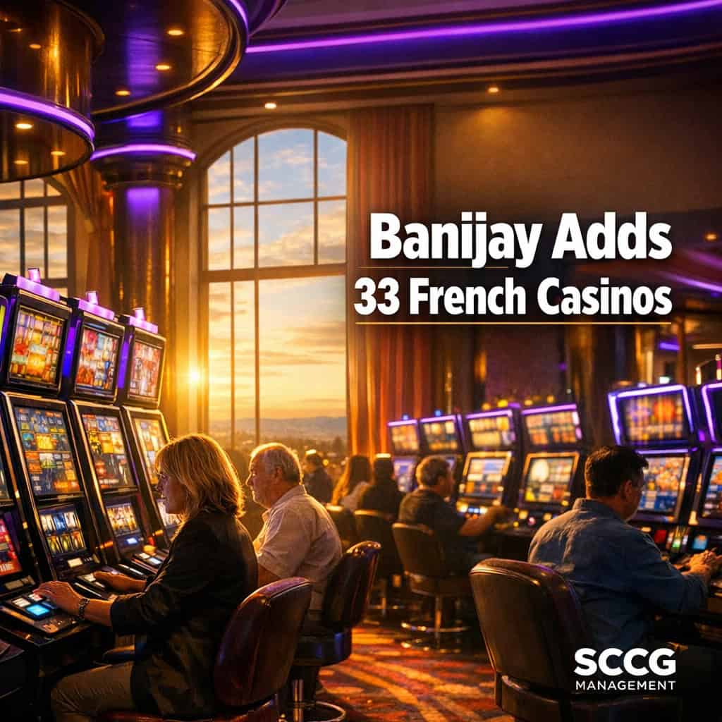 Busy French casino floor bathed in golden light with players at active slot machines, capturing the scale of the JOA network now joining Banijay Gaming.
