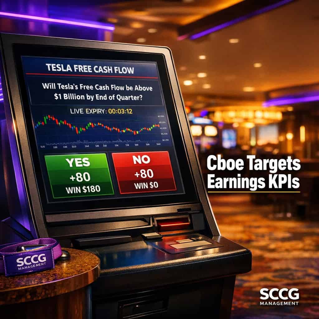 Close-up of a self-service betting terminal screen showing an active binary KPI options contract for Tesla free cash flow with yes or no payout options.
