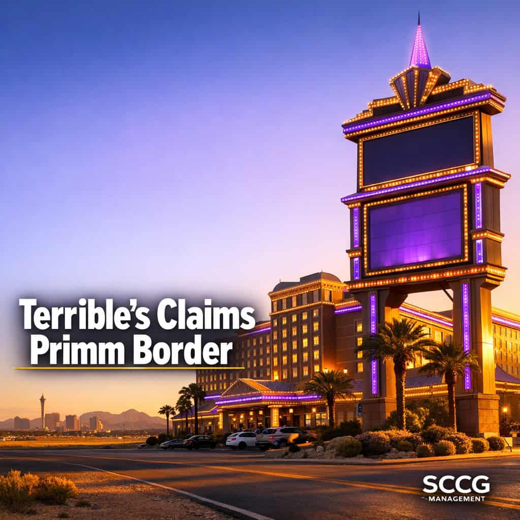 Primm casino building at the Nevada border bathed in bright golden sunlight, capturing the site of Terrible’s new operational takeover.