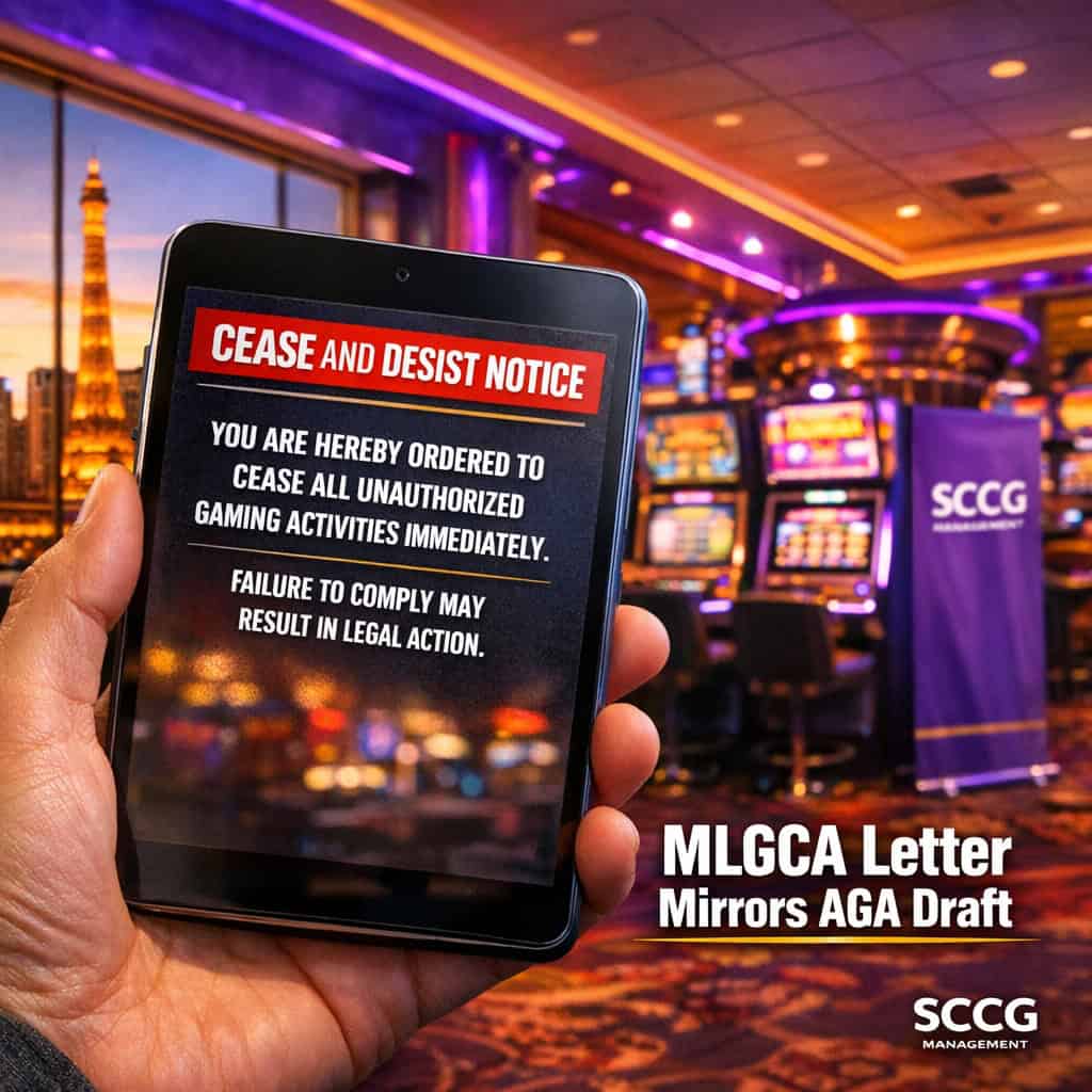 Close-up of a compliance tablet on a casino slot floor displaying regulatory text and a cease-and-desist notice.