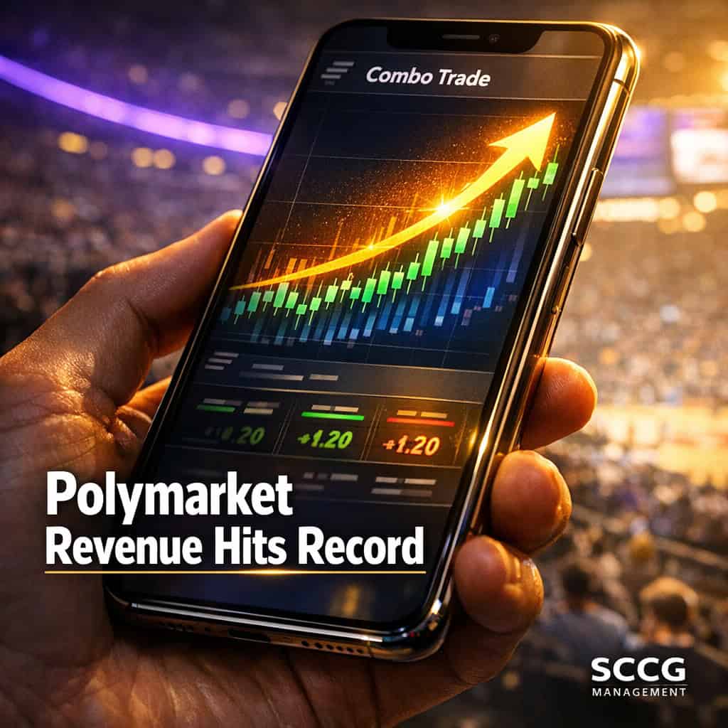 Smartphone displaying Polymarket app with active combo trading feature and surging revenue graph under dramatic golden hour light.