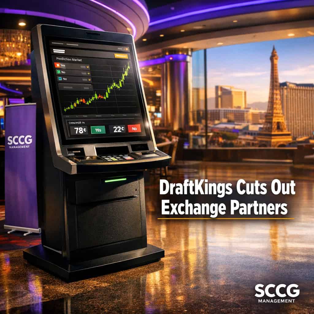 A bright casino concourse kiosk screen shows surging live prediction market contracts on the DraftKings platform.