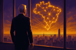 SCCG Brazil launch, executive overlooking a Brazil network map from a high-rise office