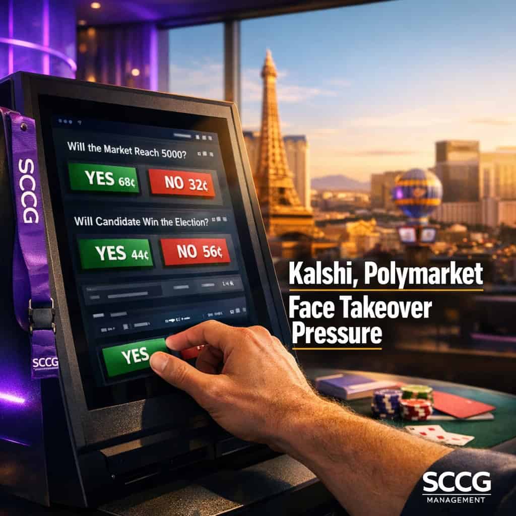 A hand placing a live bet on a self-service prediction market terminal displaying yes/no event contracts and live odds under bright daylight.