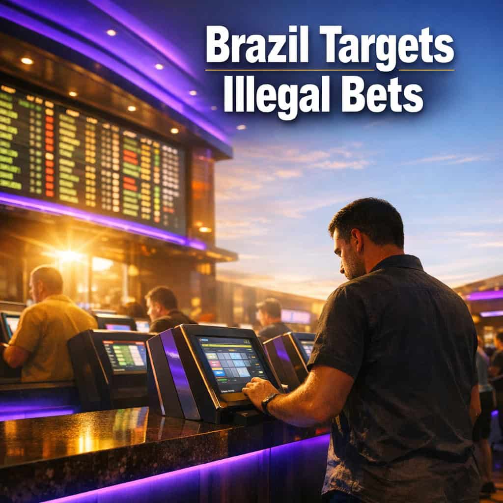 Busy Brazilian sportsbook counter with patrons placing bets at self-service terminals beneath glowing odds boards on a bright casino floor.