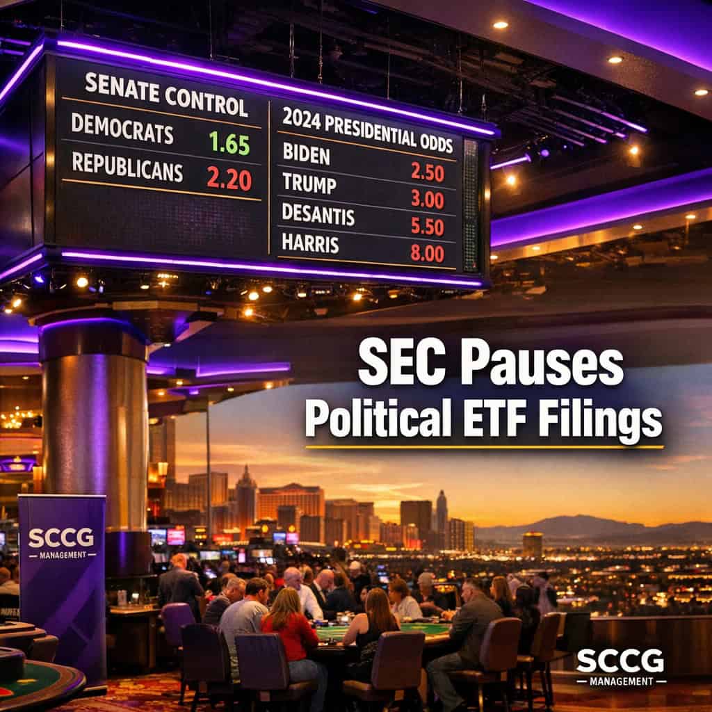 A large illuminated sportsbook odds board above a busy casino floor displays live political event contracts for Senate and presidential outcomes.