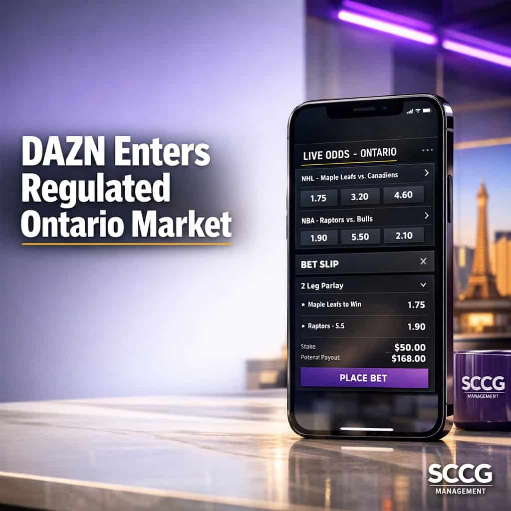 Smartphone displaying the DAZN Bet sportsbook interface with live Ontario odds and a bet slip on a bright reflective surface.