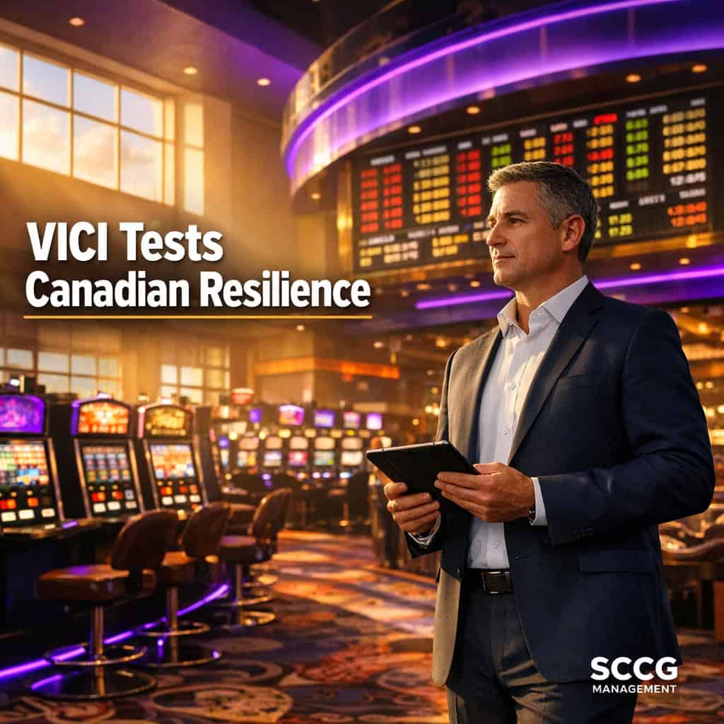 Busy Canadian casino slot floor with illuminated machines under a large glowing odds board and compliance officer monitoring with tablet.