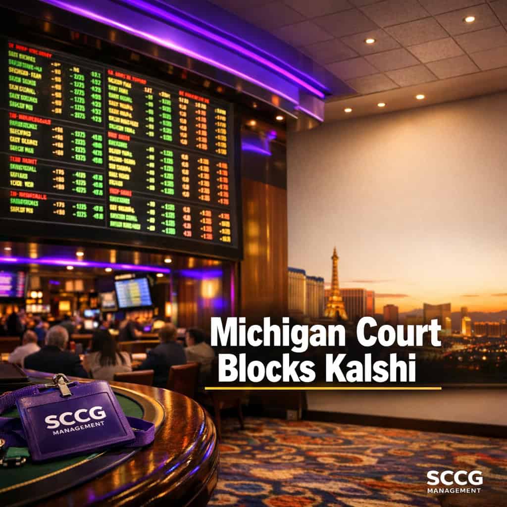 Large glowing sportsbook odds board displaying live event contract lines on a bright casino floor.