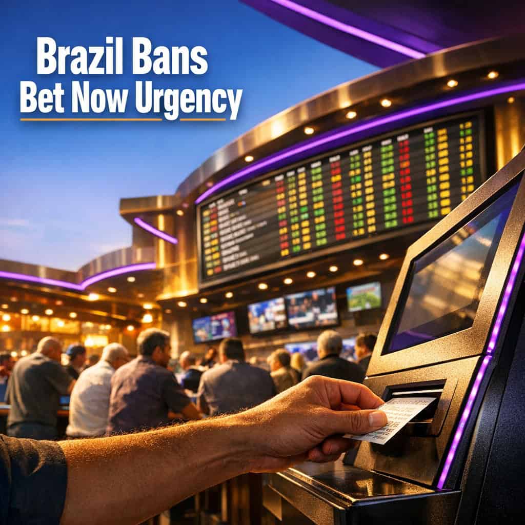 Brazil to tighten rules on sports betting advertising 1 Busy Brazilian sportsbook counter with glowing odds board and a hand placing a bet at a self-service terminal under bright directional light.