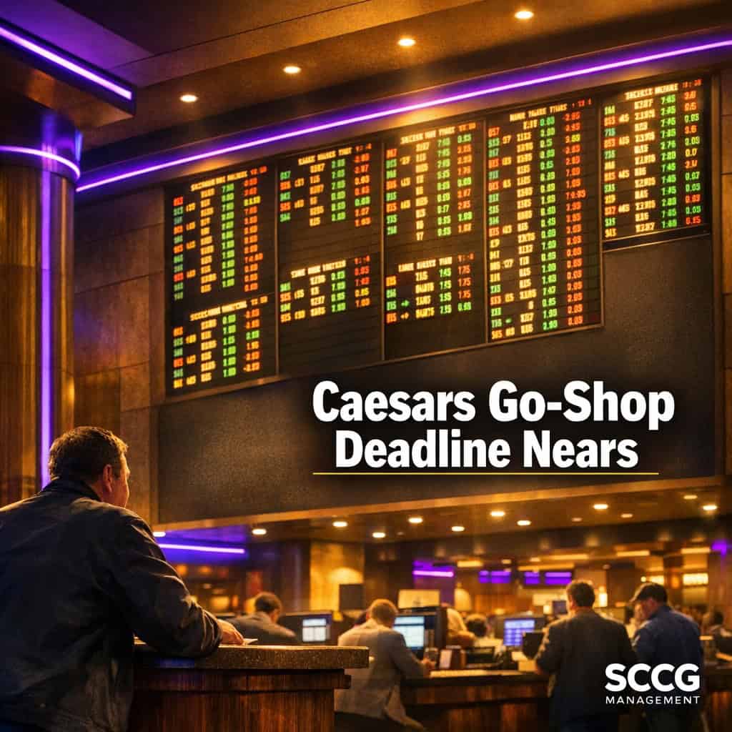 Large glowing sportsbook odds board above busy casino betting counters with patrons actively placing wagers under bright directional light.