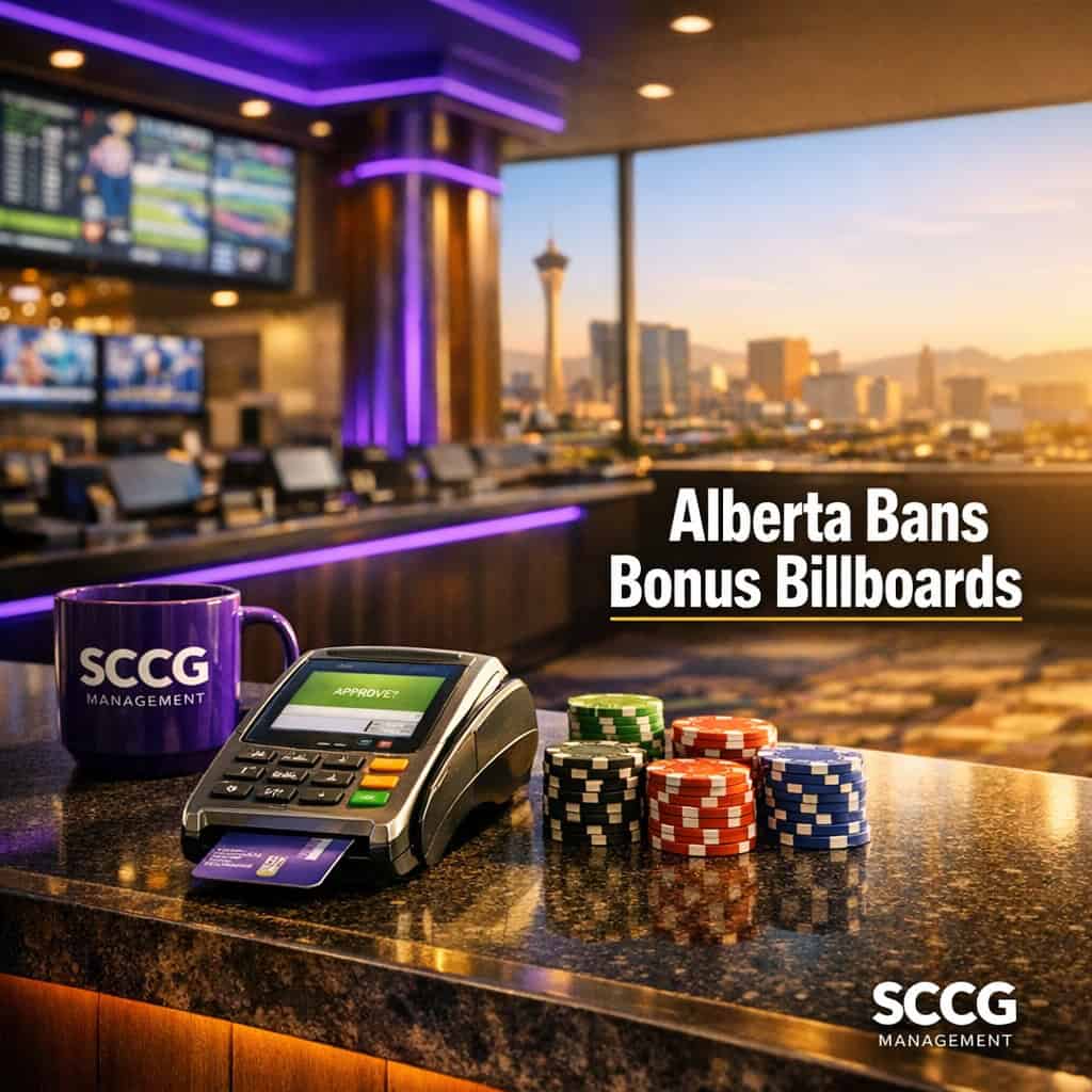A sunlit sportsbook counter displays a payment terminal and game chips on a bright casino floor.
